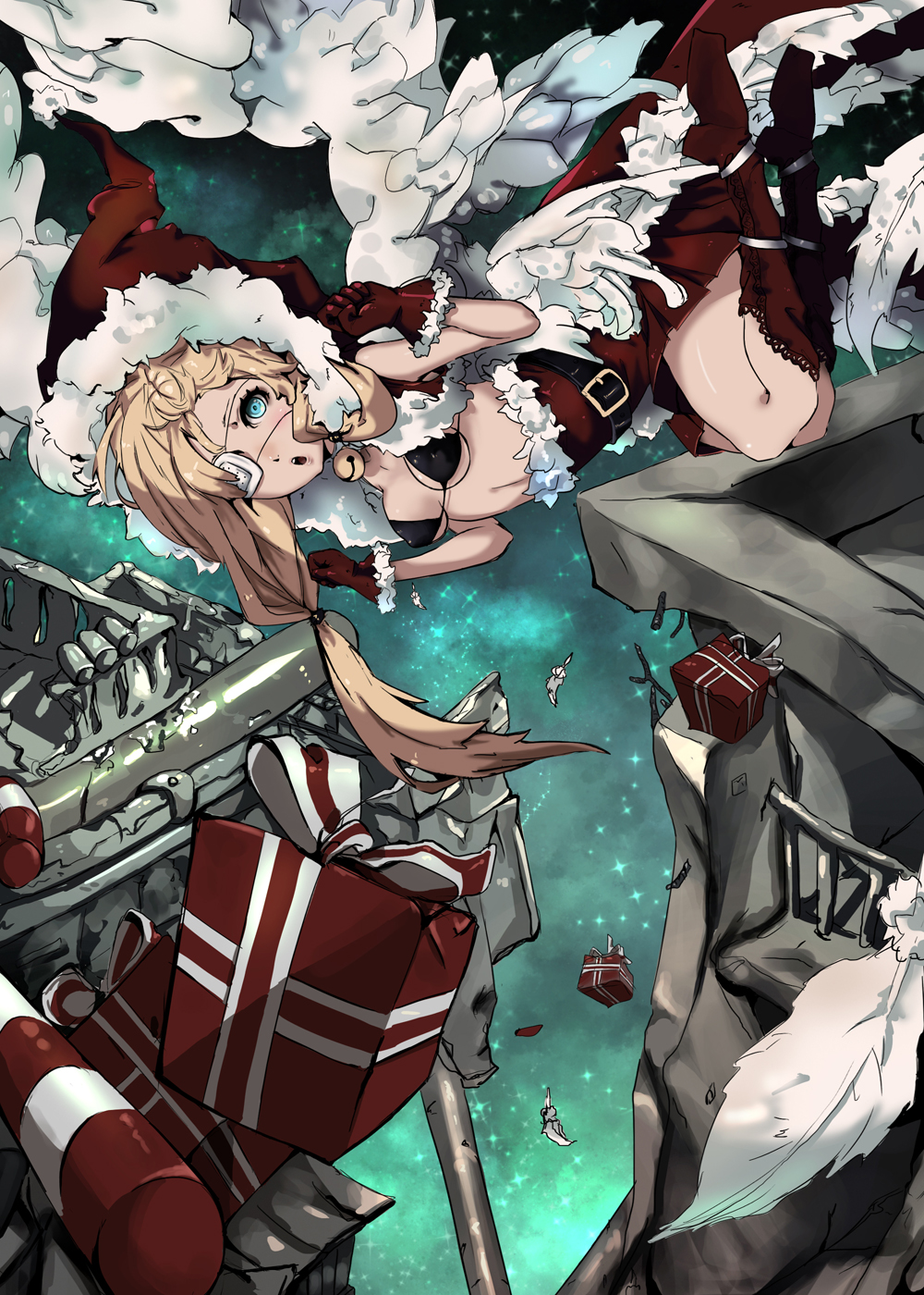 bad_id bad_pixiv_id bell bikini_top blonde_hair blue_eyes breasts christmas eyepatch falling gloves highres long_hair open_mouth original small_breasts solo soya_(torga)