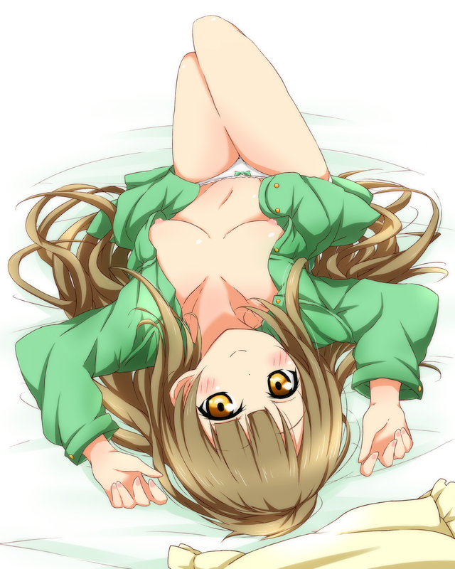 blush breasts brown_hair commentary_request karamoneeze long_hair long_sleeves looking_at_viewer love_live! love_live!_school_idol_project lying medium_breasts minami_kotori navel nipples no_pants on_back open_clothes open_shirt pajamas panties pillow shirt smile solo unbuttoned underwear upside-down very_long_hair white_panties yellow_eyes
