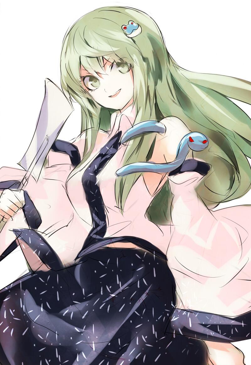 banned_artist detached_sleeves frog_hair_ornament gohei green_eyes green_hair hair_ornament kochiya_sanae kozou_(soumuden) long_hair long_sleeves looking_at_viewer open_mouth shirt simple_background skirt skirt_set smile snake_hair_ornament solo touhou vest white_background wide_sleeves