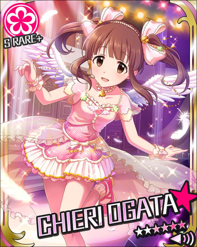artist_request brown_eyes brown_hair card_(medium) character_name flower_(symbol) headset idolmaster idolmaster_cinderella_girls official_art ogata_chieri solo twintails wings