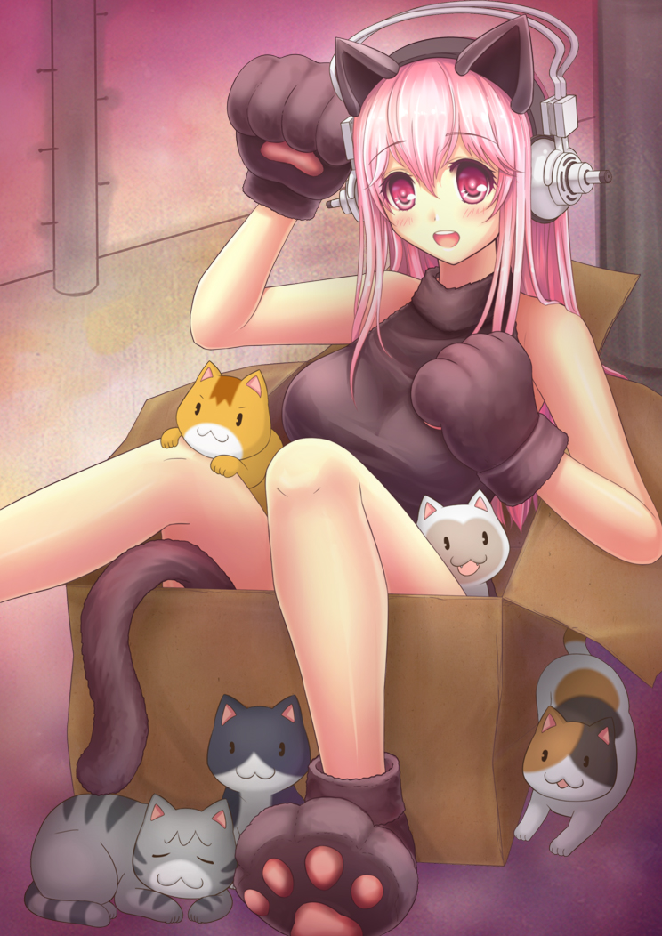 animal_costume animal_ears blush box breasts cardboard_box cat cat_costume cat_ears cat_paws cat_tail headphones in_box in_container large_breasts long_hair looking_at_viewer mizuki_(mizuki0929) nitroplus open_mouth paws pink_eyes pink_hair smile solo super_sonico tail