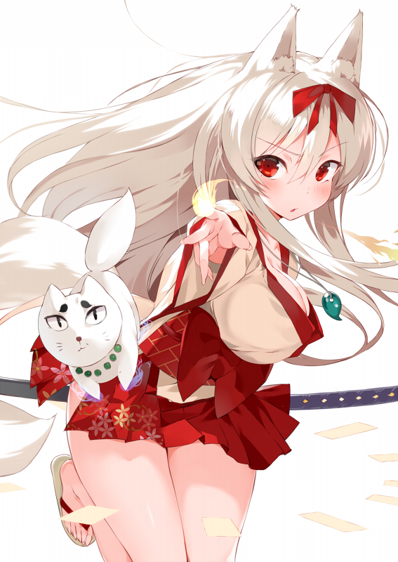 af_bunko animal_ears bare_legs breasts cleavage fire fox fox_ears fox_tail hair_ribbon hakama_skirt katana large_breasts long_hair nauribon obi outstretched_hand red_eyes ribbon sandals sash skirt solo sword tail thighs weapon white_hair