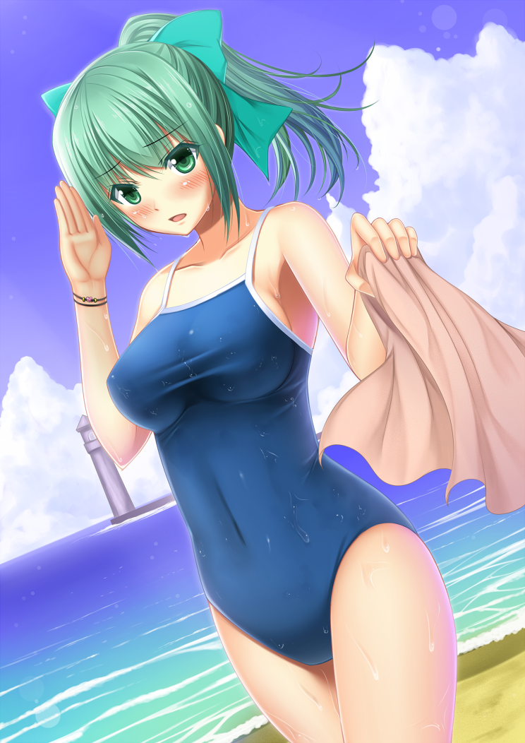 alternate_costume bad_id bad_pixiv_id bangs bare_shoulders beach blush bow breasts cloud collarbone competition_school_swimsuit covered_navel day green_eyes green_hair hair_bow hair_ornament kantai_collection large_breasts lighthouse looking_at_viewer one-piece_swimsuit outdoors ponytail salute shibata_rai sky solo swimsuit wet yuubari_(kantai_collection)