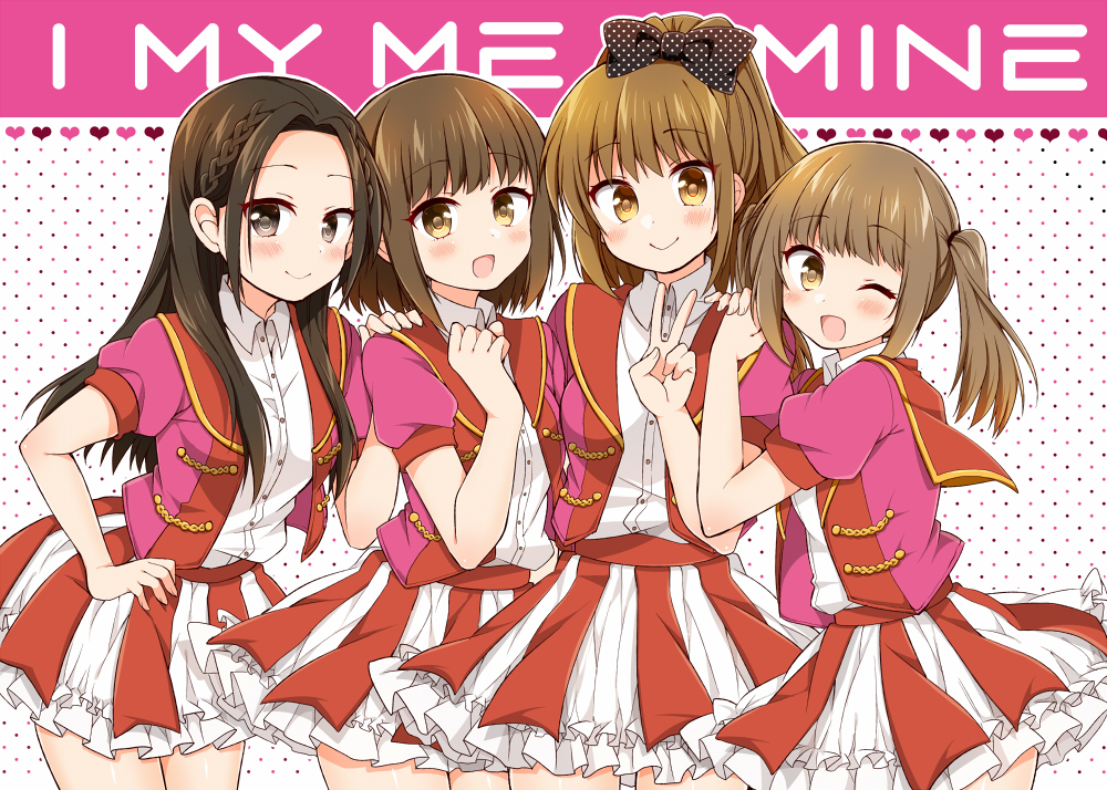 :d ;d blush bow braid brown_eyes brown_hair commentary_request dress_shirt frilled_skirt frills group_name hair_bow hand_on_another's_shoulder hand_on_hip hands_on_another's_shoulder heart himegoto idol kuwahara_yuuki lineup long_hair multiple_girls one_eye_closed ono_saki open_mouth polka_dot polka_dot_background polka_dot_bow puffy_short_sleeves puffy_sleeves real_life saotome_yuka seiyuu shirt short_hair short_sleeves skirt smile toujou_hisako tsukudani_norio twintails uniform