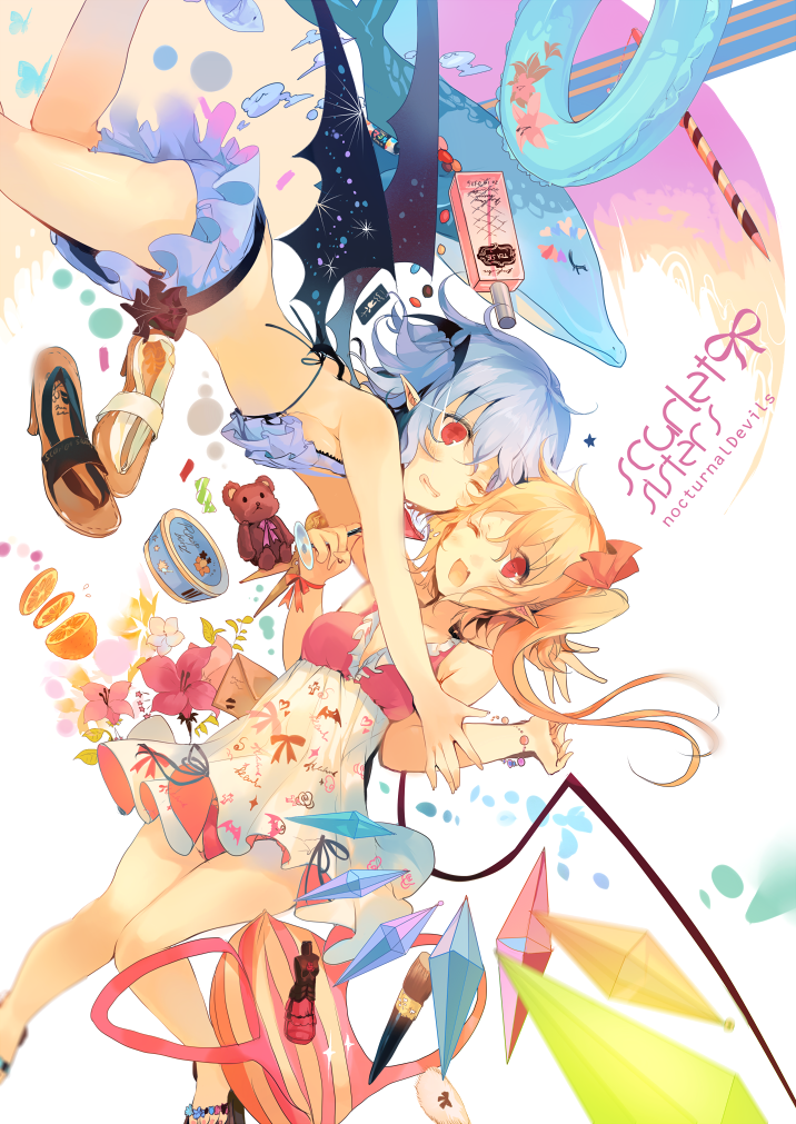 alcohol alternate_costume bag bat_wings bikini bikini_skirt blonde_hair blue_hair blush bow bracelet crystal cup dolphin dress drinking_glass family fang flandre_scarlet flower food frilled_bikini frills hair_bow hair_ornament jewelry kirero looking_at_viewer multiple_girls no_hat no_headwear one_eye_closed open_mouth panties pointy_ears ponytail red_eyes remilia_scarlet shoes short_hair siblings side_ponytail simple_background sisters skirt sleeveless smile sparkle star string swimsuit text_focus touhou underwear white_background wine wine_glass wings