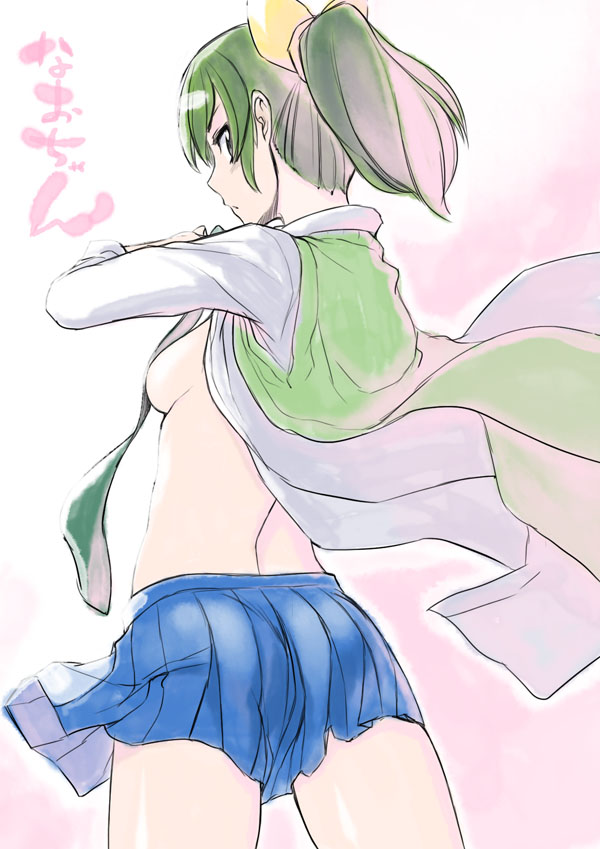 bow breasts character_name from_behind green_hair hair_bow looking_back medium_breasts midorikawa_nao nanairogaoka_middle_school_uniform necktie no_bra open_clothes open_shirt pleated_skirt ponytail precure school_uniform shirt sideboob simple_background skirt smile_precure! solo sweater_vest wind wind_lift yasuda_suzuhito