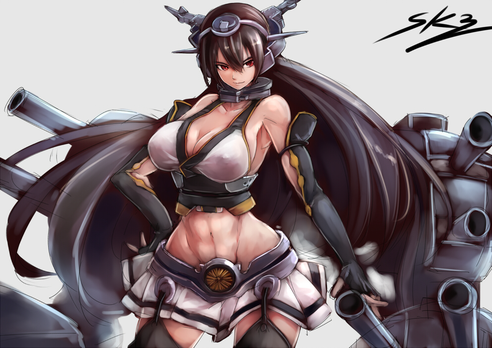 bare_shoulders black_hair breasts cannon cleavage elbow_gloves fingerless_gloves garter_straps gloves hand_on_hip headgear kantai_collection large_breasts long_hair midriff miniskirt nagato_(kantai_collection) navel red_eyes sideboob skirt smile solo sowel_(sk3) thighhighs toned