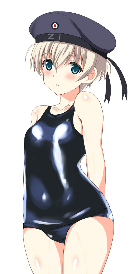 arms_behind_back blue_eyes blush clothes_writing hat kantai_collection kyougoku_shin one-piece_swimsuit open_mouth sailor_hat school_swimsuit shiny shiny_clothes shiny_skin short_hair silver_hair solo swimsuit z1_leberecht_maass_(kantai_collection)