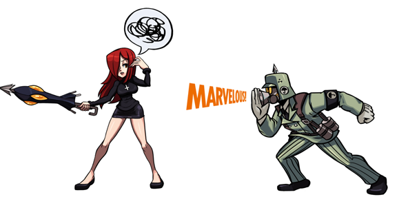 1girl black_egrets commentary helmet krieg_(skullgirls) lab_zero_games long_hair looking_at_another marvelous marvelousaql nyoro_mutou official_art parasoul_(skullgirls) red_hair skullgirls spoken_squiggle squiggle standing