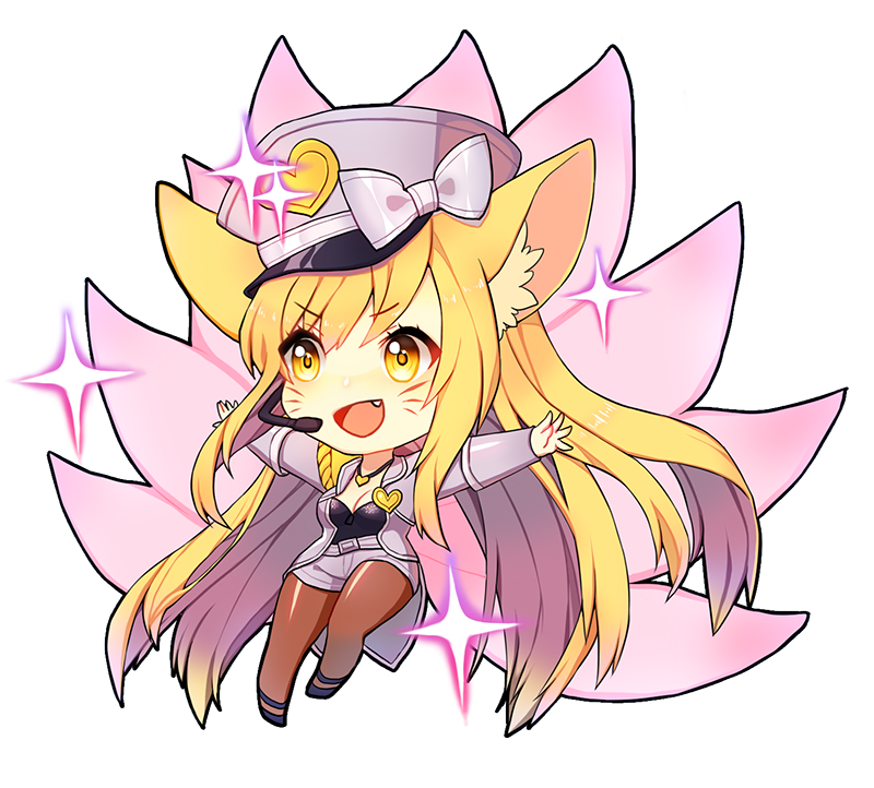 :d ahri ahri_(ari_30305) alternate_color alternate_costume alternate_hair_color alternate_hairstyle animal_ears bangs belt blonde_hair bow breasts brown_legwear chibi cleavage cosplay epaulettes facial_mark fang fox_ears fox_tail full_body girls'_generation happy hat hat_bow headset heart heart_necklace idol jacket jewelry league_of_legends legwear_under_shorts long_hair long_sleeves looking_to_the_side medium_breasts multiple_tails necklace open_clothes open_jacket open_mouth outstretched_arms pantyhose peaked_cap popstar_ahri shoes short_shorts shorts simple_background smile solo sparkle spread_arms tail uniform v-shaped_eyebrows very_long_hair whisker_markings white_background yellow_eyes zipper