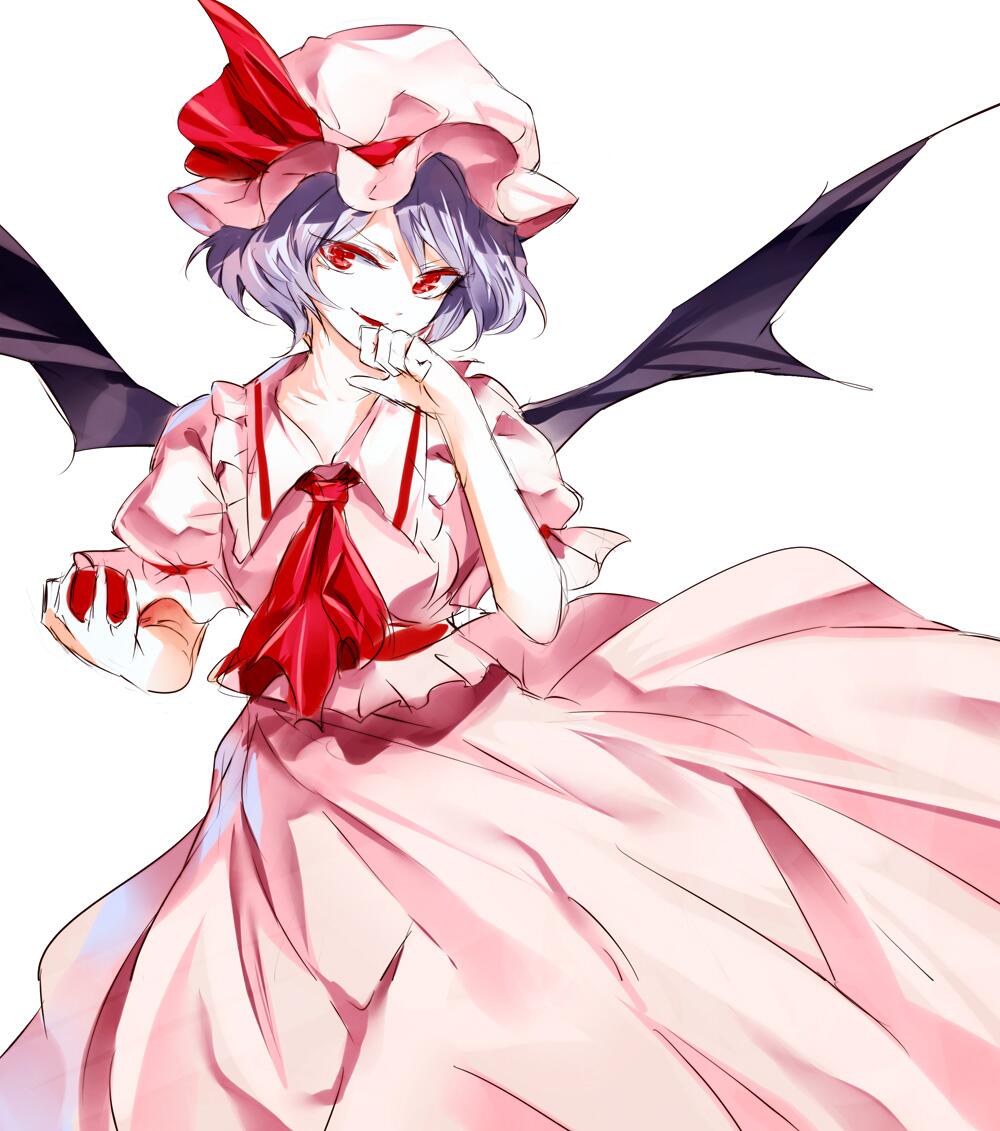 apple ascot banned_artist bat_wings food fruit hat hat_ribbon kozou_(soumuden) looking_at_viewer mob_cap open_mouth puffy_sleeves purple_hair red_eyes remilia_scarlet ribbon sash shirt short_hair short_sleeves simple_background skirt skirt_set smile solo touhou vest white_background wings