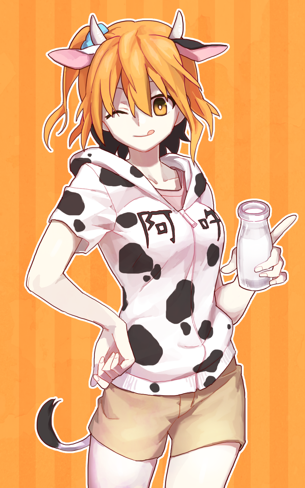 ;p animal_ears animal_print bad_id bad_pixiv_id blonde_hair cow_ears cow_horns cow_print cow_tail highres hood hoodie horns kagerou_project kangmoro kisaragi_momo long_hair milk one_eye_closed side_ponytail solo tail tongue tongue_out