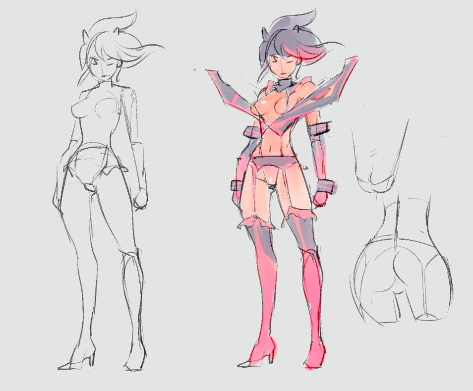 adapted_costume ass bare_shoulders boots breasts c-string commentary detached_collar doxy elbow_gloves garter_belt gloves kill_la_kill matoi_ryuuko navel partially_visible_vulva revealing_clothes senketsu sketch small_breasts solo suspenders thigh_boots thighhighs