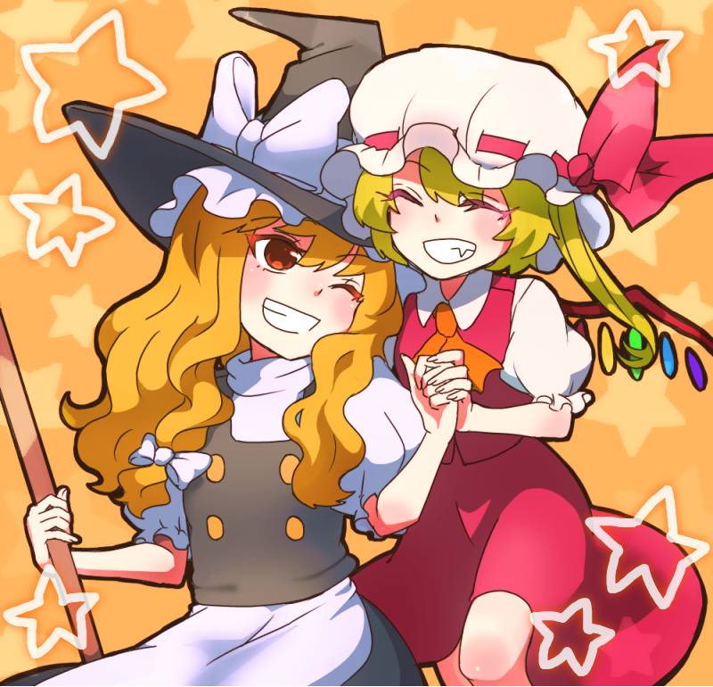apron blonde_hair bow closed_eyes fang fingernails flandre_scarlet grin hair_bow happy hat hat_ribbon head_tilt head_to_head high_collar holding_hands kirisame_marisa long_hair looking_at_another makako_(makarori_) multiple_girls one_eye_closed orange_background puffy_short_sleeves puffy_sleeves red_eyes ribbon short_hair short_sleeves side_ponytail sideways_glance skirt skirt_set smile star starry_background touhou waist_apron wings witch_hat