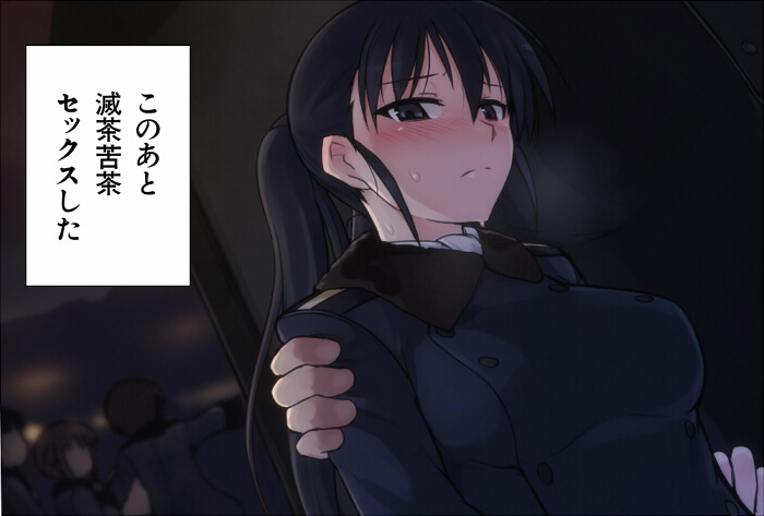 black_eyes black_hair blush breasts hand_on_shoulder kitagou_fumika large_breasts long_hair null_(nyanpyoun) ponytail sweatdrop they_had_lots_of_sex_afterwards translated world_witches_series