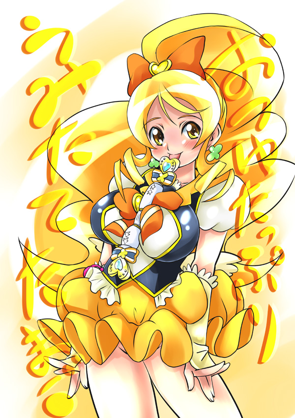 between_breasts blonde_hair blush bow bowtie breasts cure_honey earrings hair_bow happinesscharge_precure! jewelry kurogane_(majesticrune) large_breasts licking long_hair magical_girl oomori_yuuko precure puffy_sleeves skirt smile solo wand wide_ponytail wrist_cuffs yellow_eyes yellow_skirt
