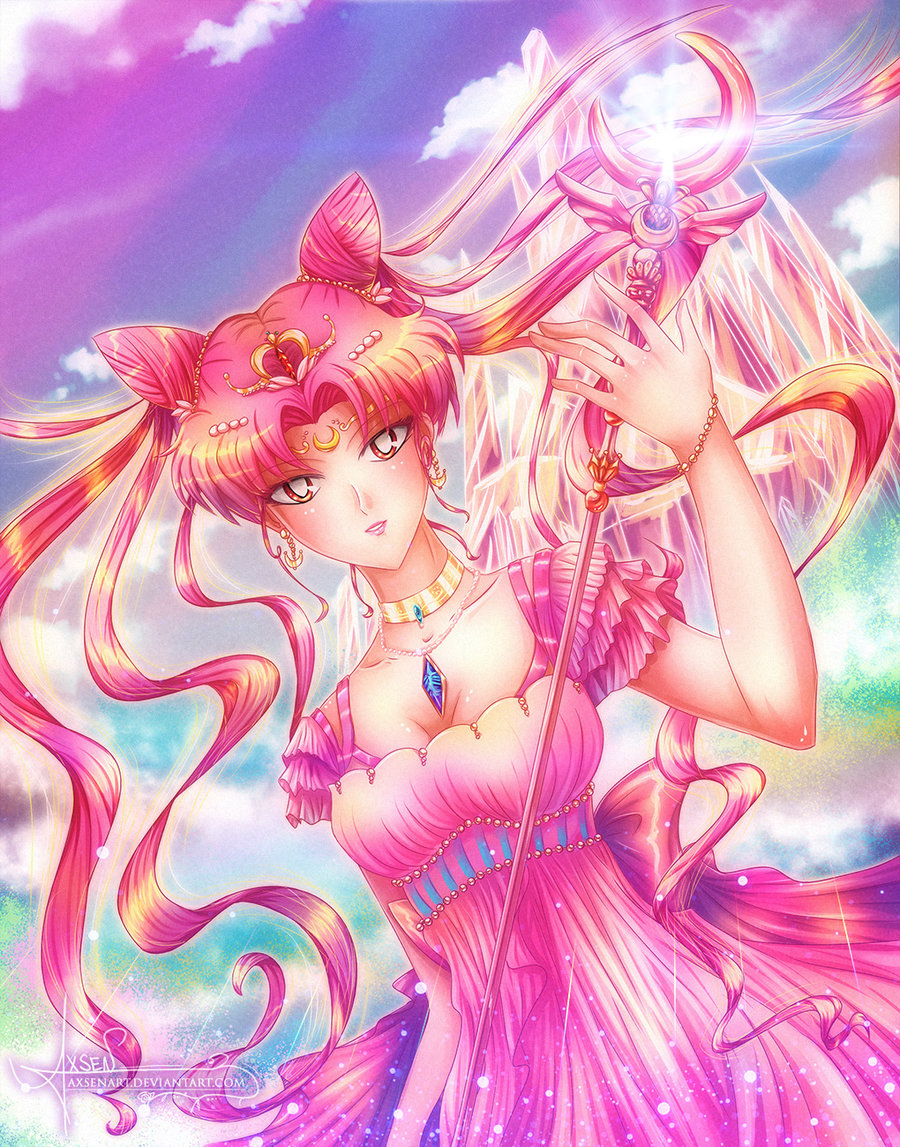 alexandra_mae back_bow bad_id bad_pixiv_id banned_artist bishoujo_senshi_sailor_moon bow chibi_usa choker cloud double_bun dress dutch_angle facial_mark forehead_mark gem hair_ornament hairclip jewelry long_hair looking_at_viewer necklace older parted_lips pink pink_dress pink_hair queen sign sky small_lady_serenity solo staff tiara twintails watermark web_address