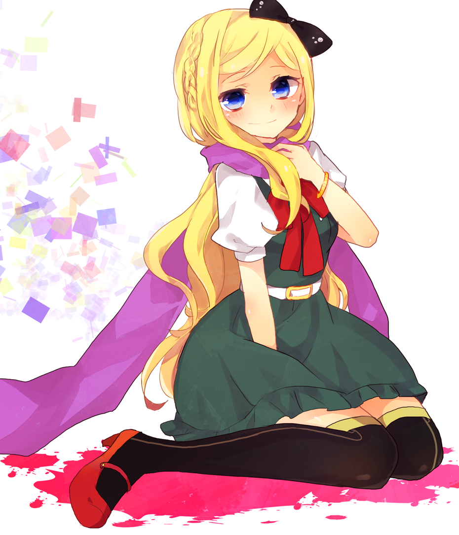 bad_id bad_pixiv_id black_legwear blonde_hair blue_eyes blush bow braid danganronpa dress hair_bow high_heels kawahara_chisato long_hair ponytail scarf sitting smile solo sonia_nevermind super_danganronpa_2 thighhighs wariza