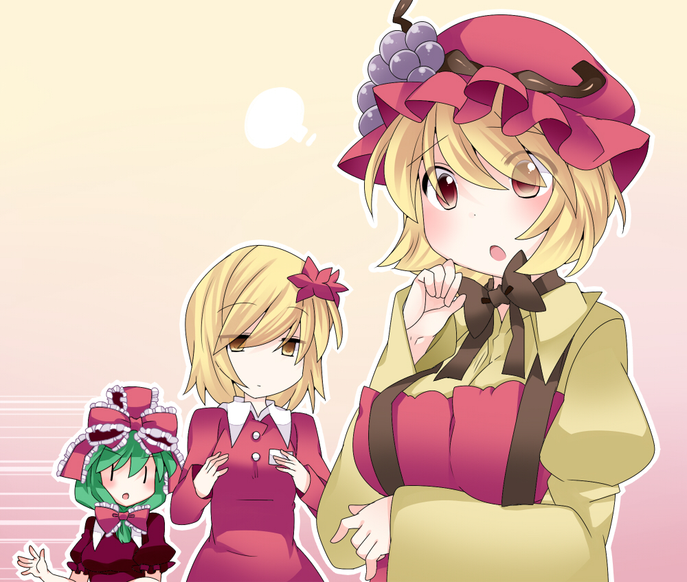 aki_minoriko aki_shizuha blouse breast_envy breasts commentary_request dress empty_eyes food front_ponytail fruit grapes green_hair hair_ribbon hammer_(sunset_beach) hat jitome kagiyama_hina large_breasts leaf leaf_on_head long_hair multiple_girls open_mouth red_dress red_eyes ribbon short_hair touhou yellow_eyes |_|