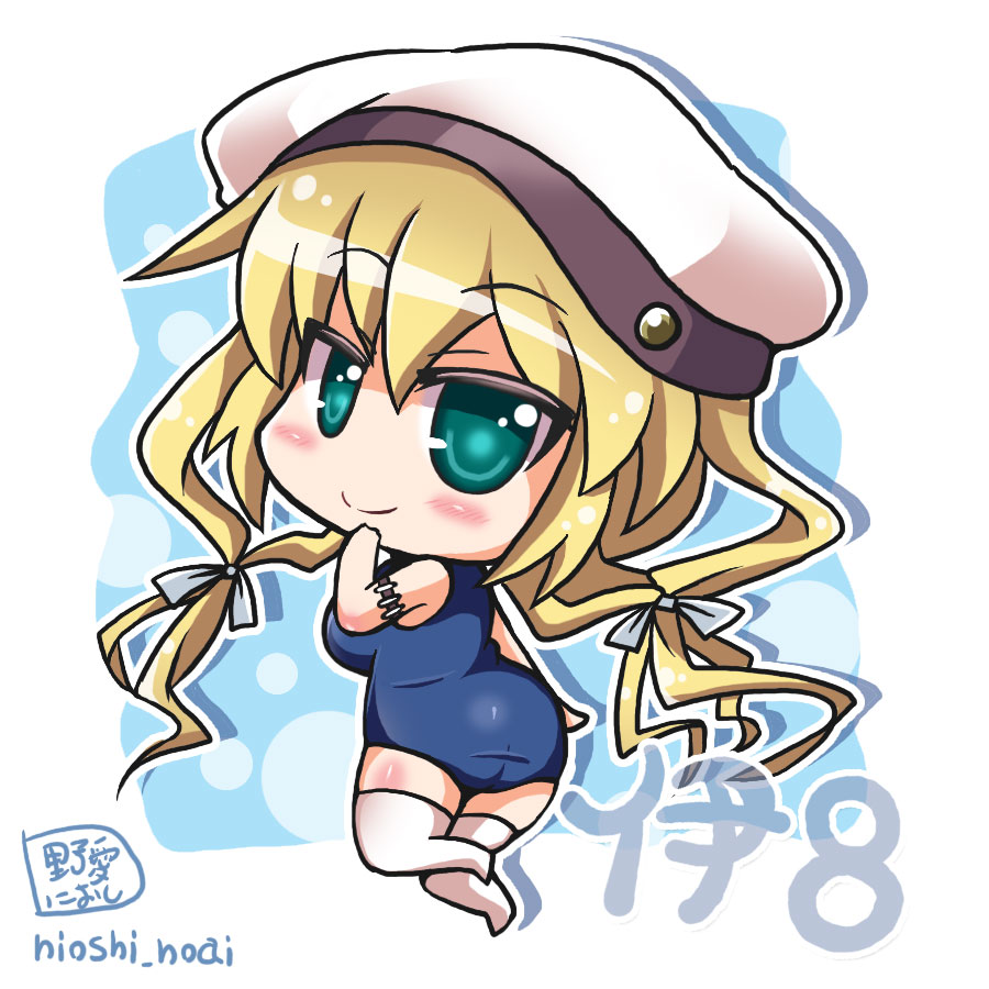 ass blonde_hair blue_eyes breasts chibi hat i-8_(kantai_collection) kantai_collection large_breasts long_hair looking_back low_twintails name_tag no_eyewear noai_nioshi one-piece_swimsuit peaked_cap school_swimsuit smile solo swimsuit thighhighs twintails white_legwear