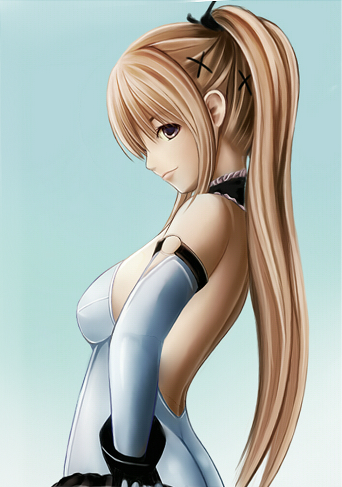 ass back backless_outfit bad_id bad_pixiv_id bare_shoulders blonde_hair breasts choker dead_or_alive dead_or_alive_5 elbow_gloves gloves hair_ribbon hand_on_hip leotard long_hair marie_rose medium_breasts nannacy7 nose ribbon sideboob smile solo twintails