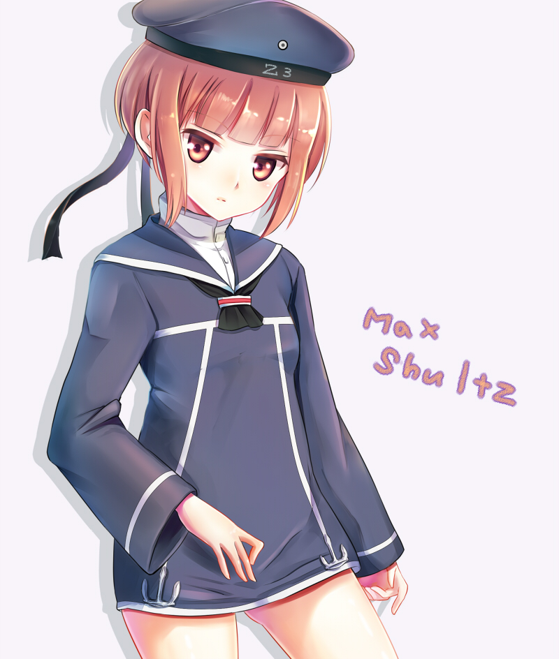 brown_eyes brown_hair character_name clothes_writing dress hat kantai_collection maronie. sailor_collar sailor_dress sailor_hat short_hair solo z3_max_schultz_(kantai_collection)