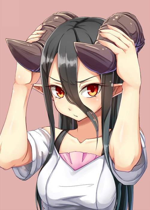 black_hair close-up collarbone dragon_girl dragon_horns dream_demon hair_between_eyes hands_on_own_head horned_girl_(dream_demon) horns long_hair looking_at_viewer monster_girl original pink_background pointy_ears pout red_eyes shirt solo taut_clothes taut_shirt upper_body