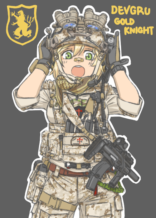 america bandaid bandaid_on_nose blonde_hair breasts cowboy_shot gloves goggles green_eyes gun h&amp;k_mp7 hands_on_headwear headset heckler_&amp;_koch jsoc load_bearing_vest md5_mismatch medium_breasts military military_uniform night_vision_device open_mouth operator-chan original scarf shino_(r_shughart) simple_background sleeves_rolled_up snap-fit_buckle solo submachine_gun suppressor uniform us_navy watch weapon