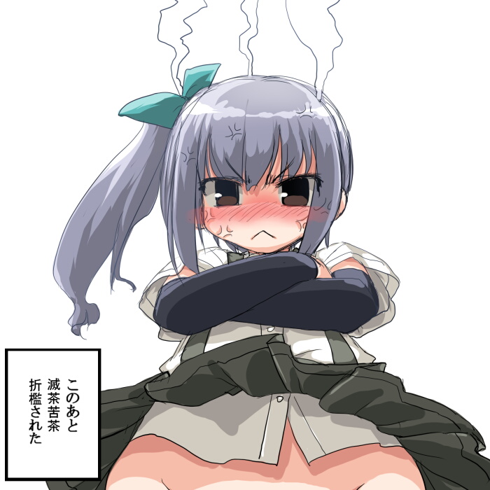 :&lt; anger_vein arm_warmers blush bow brown_eyes closed_mouth dd_(ijigendd) from_below groin hair_bow kantai_collection kasumi_(kantai_collection) long_hair looking_at_viewer looking_down no_panties out-of-frame_censoring side_ponytail silver_hair skirt solo they_had_lots_of_sex_afterwards translated tsurime v-shaped_eyebrows