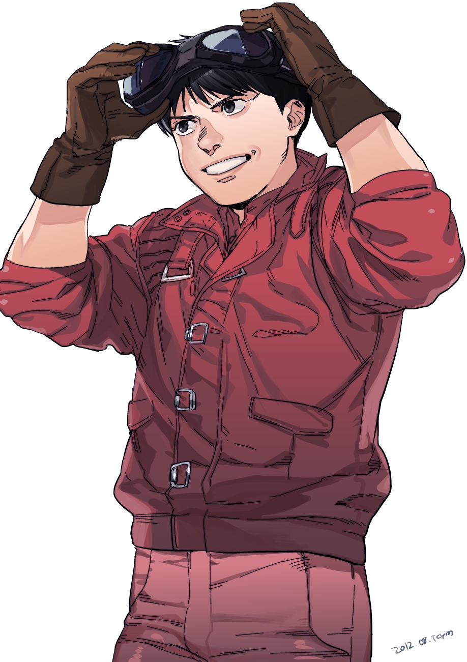 akira bad_id bad_pixiv_id black_hair brown_eyes dated gloves goggles goggles_on_head grin highres icym jacket kaneda_shoutarou looking_away male_focus smile solo standing white_background