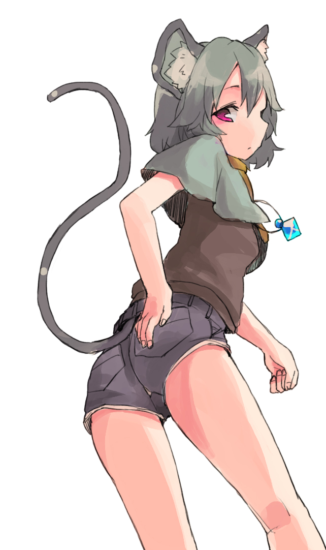 alternate_costume animal_ears ass blush grey_hair jewelry looking_at_viewer mouse_ears mouse_tail nazrin pendant red_eyes short_hair shorts simple_background solo tail touhou white_background yunuki_uta