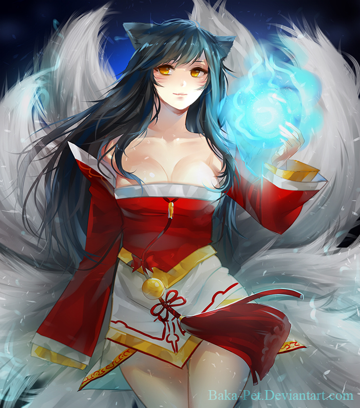 ahri animal_ears bad_deviantart_id bad_id baka-pet black_hair breasts cleavage detached_sleeves dress facial_mark fox_ears fox_tail korean_clothes large_breasts league_of_legends long_hair long_sleeves multiple_tails smile solo tail yellow_eyes