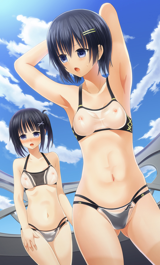 bangs black_hair black_panties blue_eyes blush breasts commentary_request covered_nipples cowboy_shot day medium_breasts midriff multiple_girls navel nipples open_mouth original outdoors panties revealing_clothes see-through shitou_(4h) short_hair sports_bikini underwear