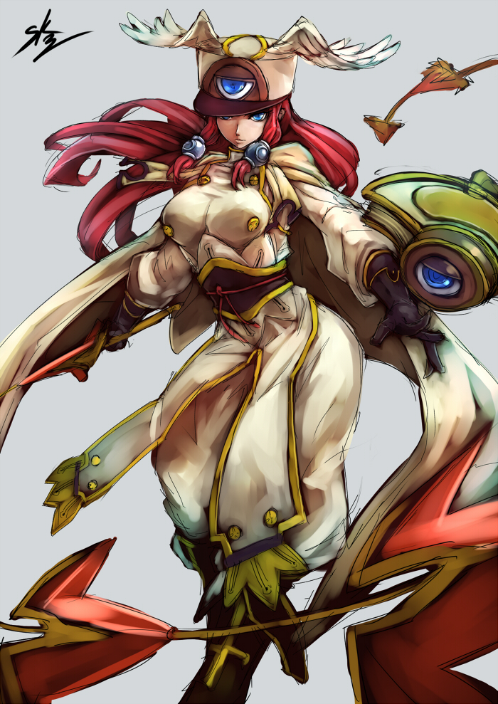 baggy_pants blazblue blue_eyes boots breasts gloves hair_tubes hat large_breasts long_hair pants red_hair sash shield short_sword solo sowel_(sk3) sword third_eye tsubaki_yayoi weapon winged_hat