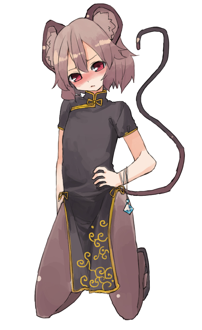alternate_costume animal_ears black_legwear blush china_dress chinese_clothes dress grey_hair jewelry looking_at_viewer mouse_ears mouse_tail nazrin pantyhose pendant red_eyes short_hair simple_background solo tail touhou white_background yunuki_uta