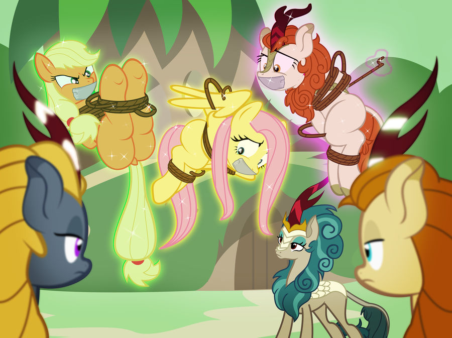 2018 angry applejack_(mlp) autumn_blaze_(mlp) bdsm bondage bound damsel_in_distress domination equine female female_domination fluttershy_(mlp) friendship_is_magic gag group hands_behind_back horse kirin levitation magic mammal my_little_pony pegasus pony queen_rain_shine_(mlp) radiantrealm rope rope_bondage tape telekinesis wings