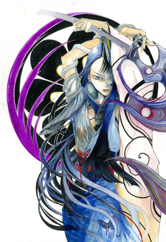 .hack//cell 1girl arms_up blue_hair long_hair looking_at_viewer midori_(.hack//) mutsuki_akira solo weapon