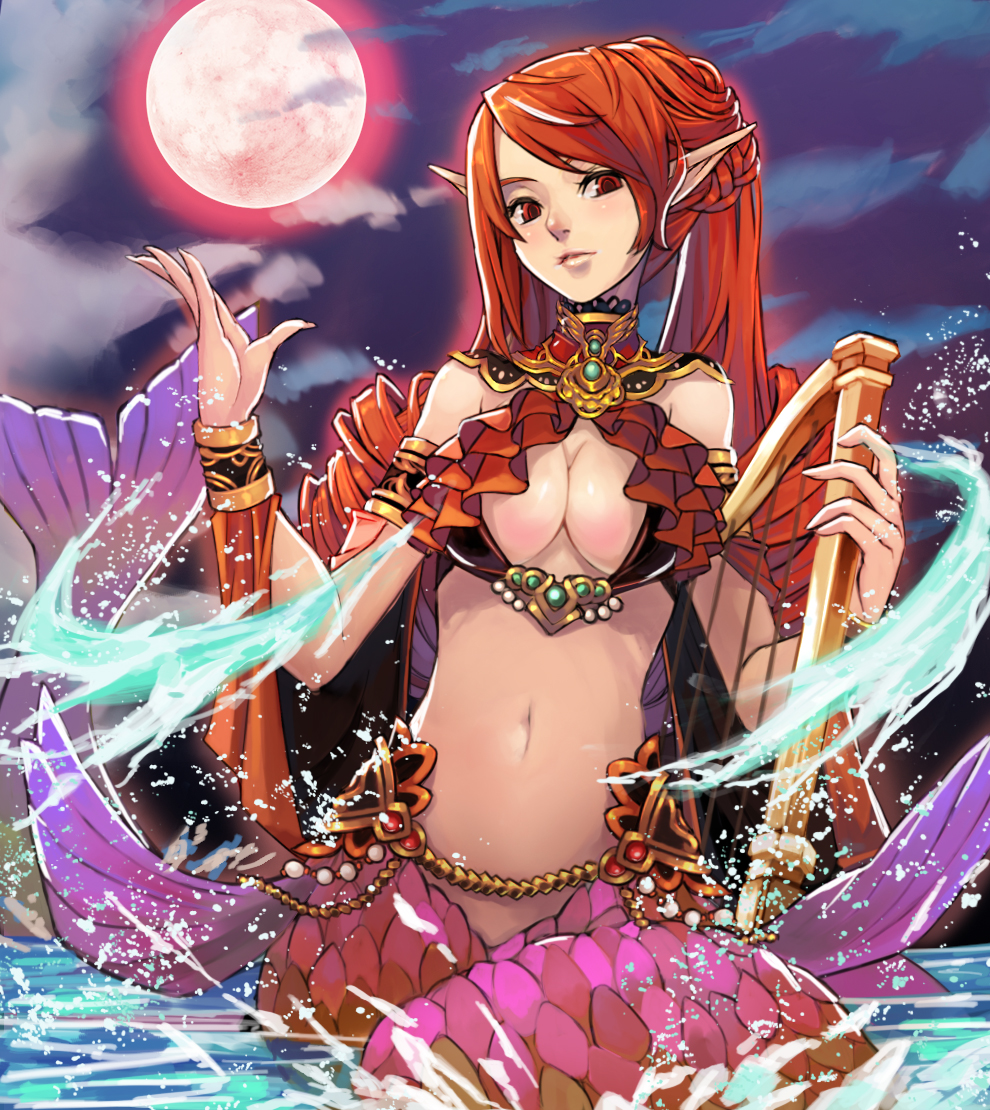 breasts cleavage drill_hair full_moon harp instrument large_breasts lips long_hair looking_at_viewer mermaid monster_girl moon navel original pointy_ears qbspdl red_eyes red_hair red_moon solo