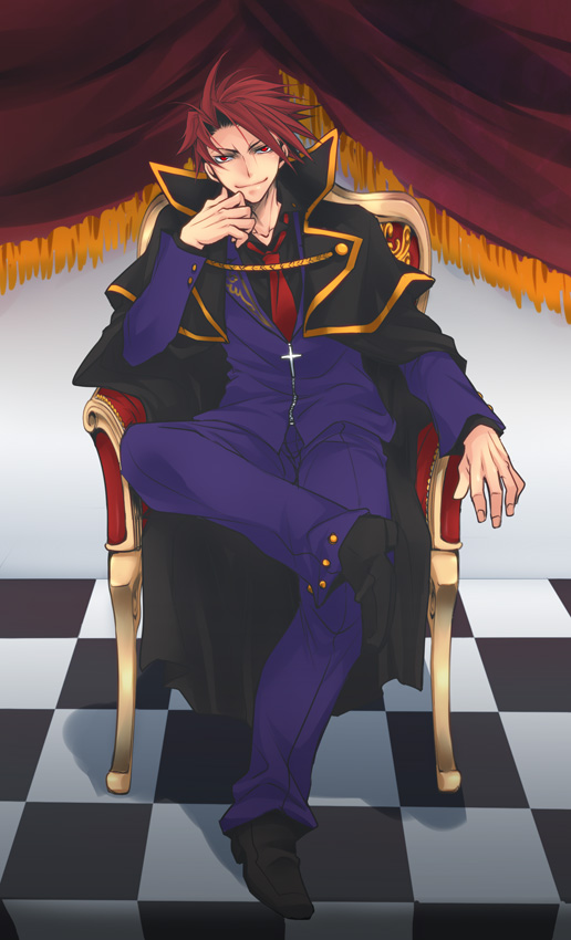 black_battler cape chair checkered checkered_floor crossed_legs curtains male_focus necktie red_eyes red_hair sitting smile sousui_hani umineko_no_naku_koro_ni ushiromiya_battler