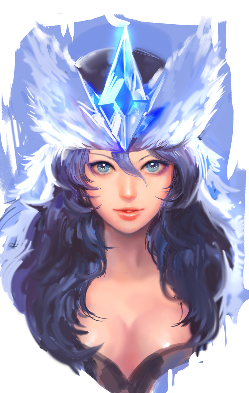 alternate_costume alternate_hair_color blue_eyes blue_hair breasts cleavage closed_mouth gem hat highres jang_ju_hyeon league_of_legends long_hair looking_at_viewer medium_breasts sivir smile solo upper_body