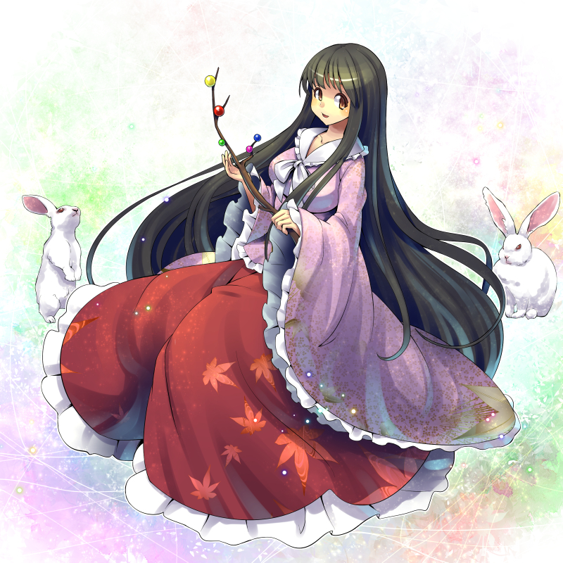 black_hair branch breasts brown_eyes bunny floral_print houraisan_kaguya jeweled_branch_of_hourai large_breasts long_hair long_sleeves looking_at_viewer open_mouth shirt skirt smile solo touhou umigarasu_(kitsune1963) very_long_hair wide_sleeves