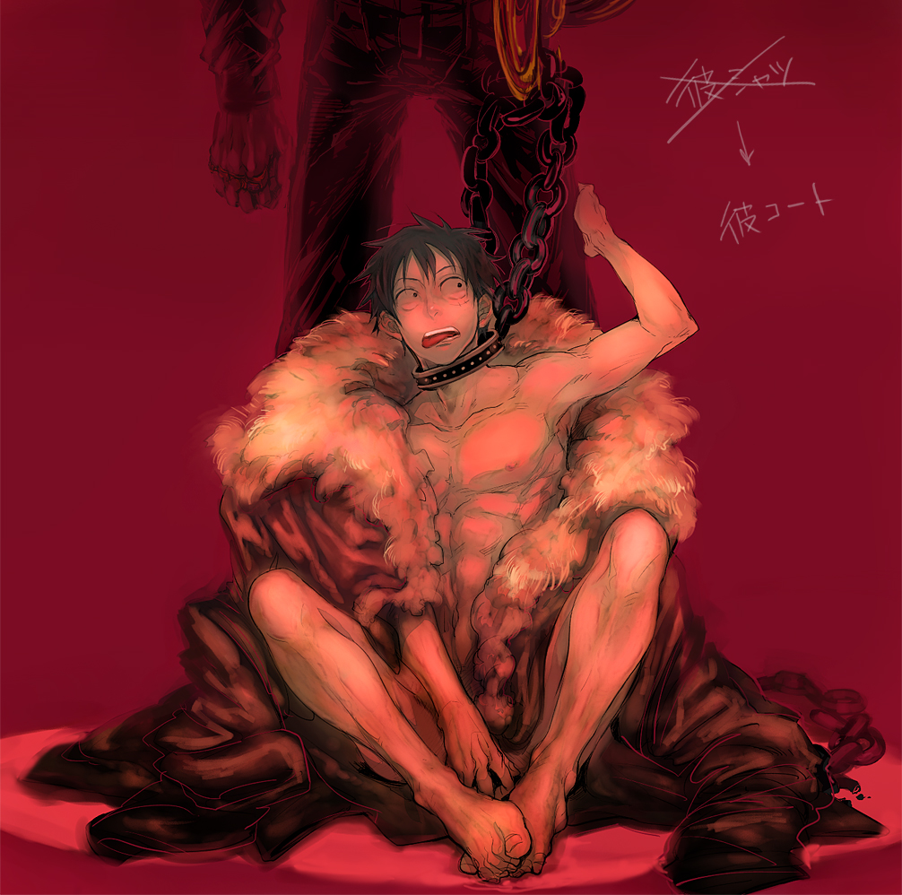 abs black_eyes black_hair chain coat collar covering fur_trim geiyajin head_out_of_frame hook hook_hand jacket_on_shoulders jewelry knees_apart_feet_together knees_to_chest looking_at_another male_focus monkey_d_luffy multiple_boys muscle nipples nude nude_cover one_piece red red_background ring scar short_hair sir_crocodile sitting standing tongue tongue_out yaoi
