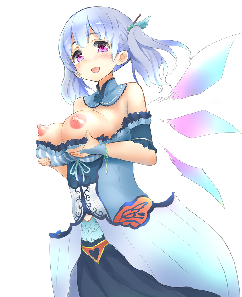 125buri 1girl blue_hair blush breast_hold breasts breasts_outside female looking_at_viewer nipples open_mouth purple_eyes smile solo twintails