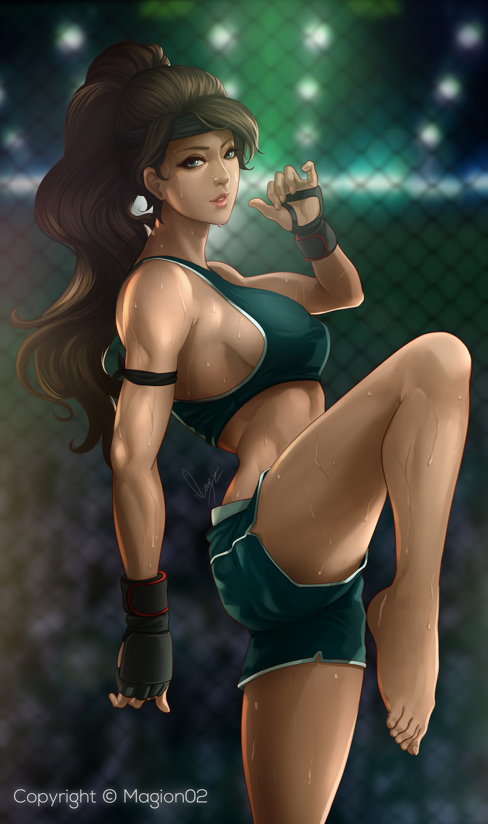 armband artist_name bad_id bad_pixiv_id bangs barefoot blue_eyes blurry breasts brown_hair chain-link_fence depth_of_field eyelashes fence fighting_stance fingerless_gloves gloves headband highres large_breasts lips long_hair magion02 midriff mixed_martial_arts nose original plantar_flexion ponytail shorts sideboob signature solo sports_bra standing standing_on_one_leg sweat toned