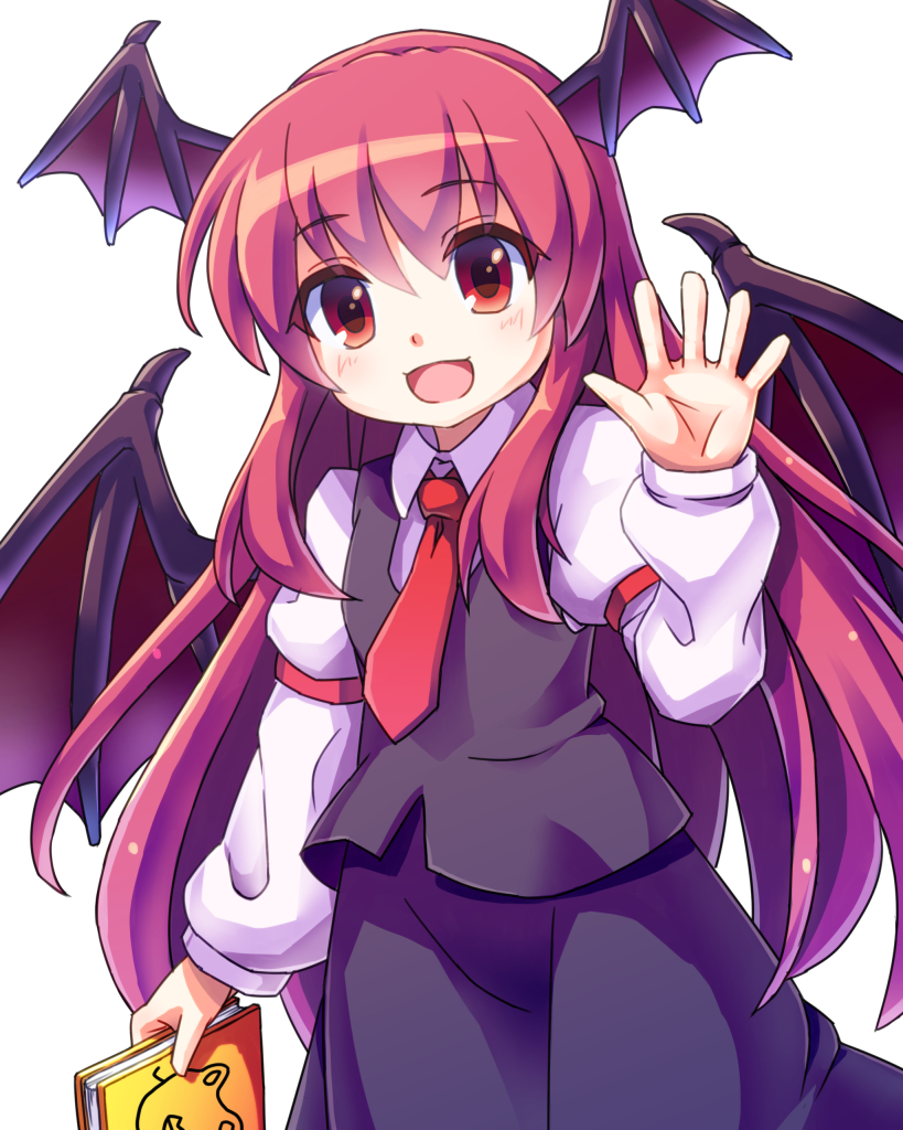 :d arm_up armband bat_wings book dress_shirt hand_up head_tilt head_wings holding holding_book koakuma long_hair looking_at_viewer necktie open_hand open_mouth puremiamuanago red_eyes red_hair red_neckwear shirt simple_background skirt smile solo touhou very_long_hair vest waving white_background wings