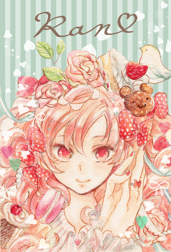 1girl bust character_name cherry flower food fruit jewelry k27d pink_hair ran_(urusei_yatsura) ring upper_body urusei_yatsura