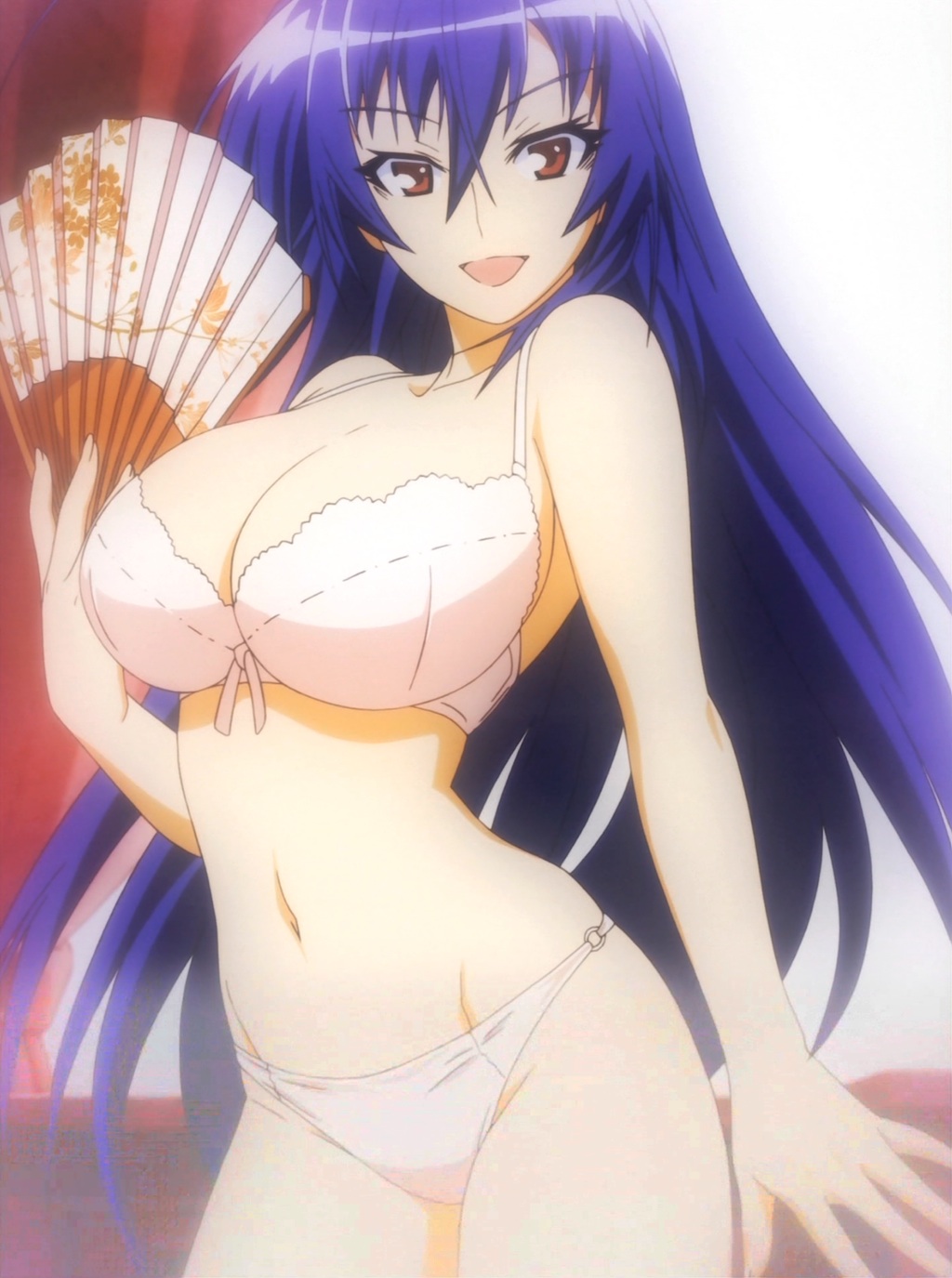 blue_hair bra breasts fan highres kurokami_medaka large_breasts medaka_box panties underwear