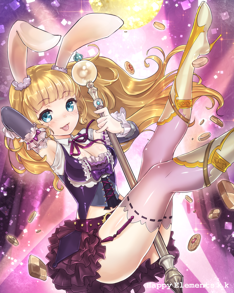 :p animal_ears belt blonde_hair blue_eyes blush boots breasts bunny_ears checkerboard_cookie cleavage cookie fangs food jam_cookie kuuyasatuki long_hair majoca_majoluna medium_breasts original skirt solo staff thighhighs tongue tongue_out