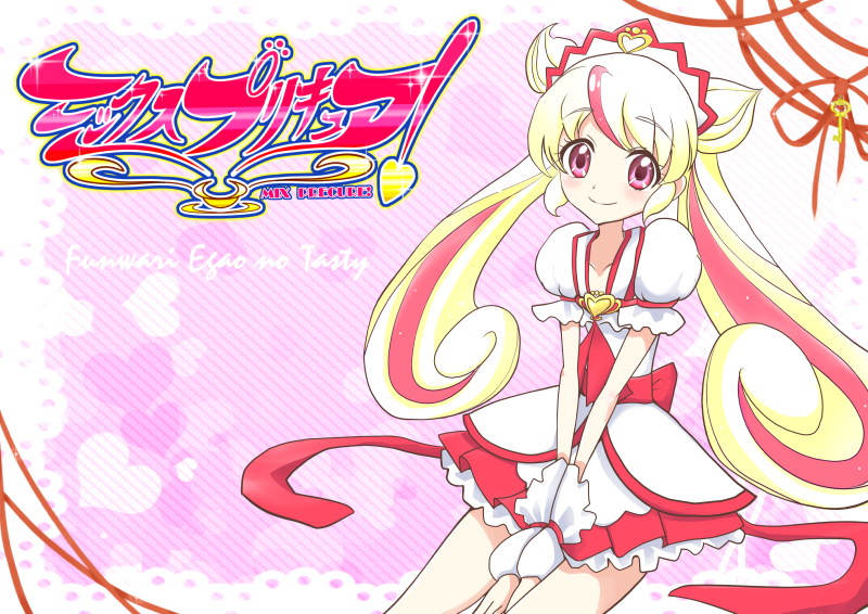 blonde_hair brooch copyright_name double_bun frills hairband jewelry long_hair magical_girl multicolored_hair original pink_eyes pink_hair precure puffy_sleeves ribbon skirt smile solo takami_(ohhate) twintails two-tone_hair v_arms wrist_cuffs