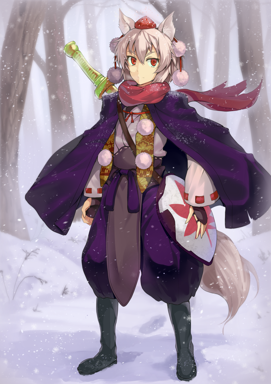 adapted_costume animal_ears black_footwear boots bridal_gauntlets detached_sleeves hat highres hinami_(hinatamizu) inubashiri_momiji knee_boots rubber_boots scarf sheath sheathed shield short_hair silver_hair smile solo sword tail tokin_hat touhou weapon wide_sleeves wolf_ears wolf_tail
